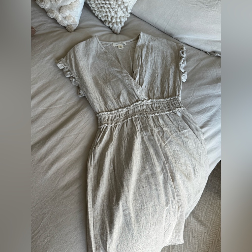 Linen V Neck Ruffle Dress